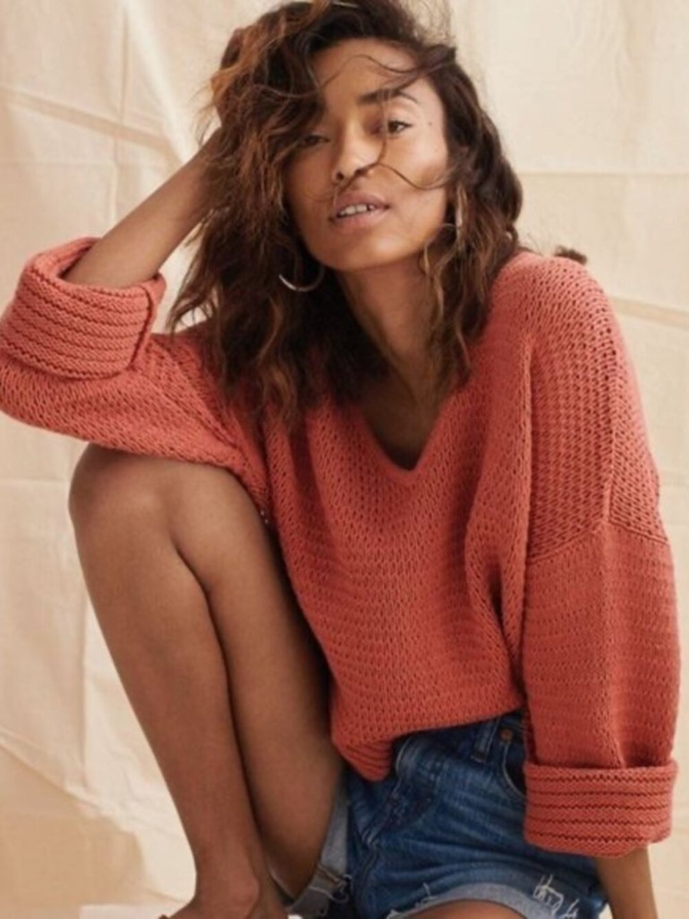 Madewell‎ Breezeway Sweater Size L Oversized Open Weave Stretch Pullover Spring